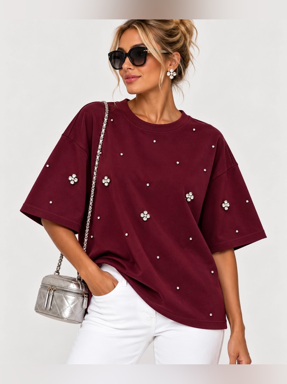Burgundy Rhinestone & Pearl  Embellished Oversized Tee | M | NWT